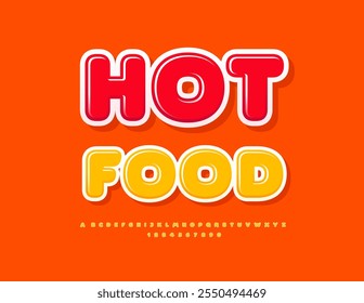 Vector tasty advertisement Hot Food. Glossy Yellow Font. Decorative Alphabet Letters and Numbers set.