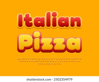 Vector tasty advertisement Italian Pizza. Yellow and Red Bright Font. Cute Bold Alphabet Letters and Numbers set.