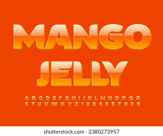 Vector tasty advertisement Mango Jelly. Orange glossy Font. Artistic Alphabet Letters, Numbers and Symbols set