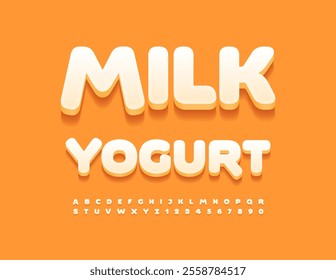 Vector tasty advertisement Milk Yogurt. Creative White 3D Font. Decorative Alphabet Letters and Numbers set.