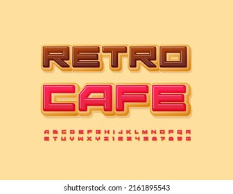  Vector tasty advertisement Retro Cafe. Creative square Font. Donut style Alphabet Letters and Numbers set