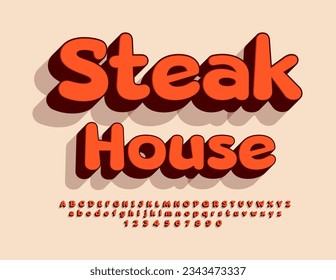 Vector sabroso anuncio Steak House. Fuente luminosa creativa. Letras, números y símbolos de alfabetos 3D rojos