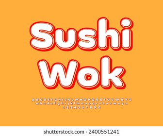 Vector tasty advertisement Sushi Wok. Modern bright Font. Artistic Alphabet Letters and Numbers