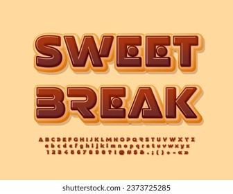 Vector tasty advertisement Sweet Break. Chocolate Donut Font. Modern Unique Alphabet Letters and Numbers.