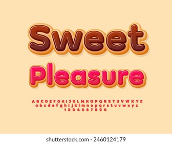 Vector tasty advertisement Sweet Pleasure. Bright artistic Font. Donut style Alphabet Letters and Numbers set.