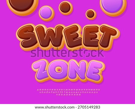 Vector Tasty Advertisement Sweet Zone. Sweet Glazed Font. Donut style Alphabet Letters and Numbers. 