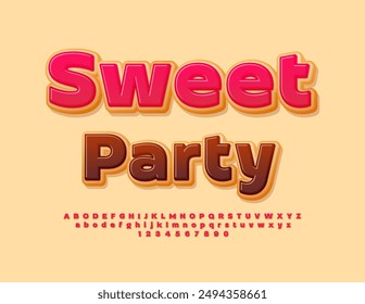 Vector tasty badge Sweet Party. Cake style Font. Delicious Alphabet Letters and Numbers set.