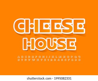 Vector tasty banner Cheese House with Sticker style Font. Creative Alphabet Letters and Numbers set