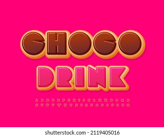 Vector tasty banner Choco Drink. Pink Donut Font. Sweet set of Cake Alphabet Letters and Numbers