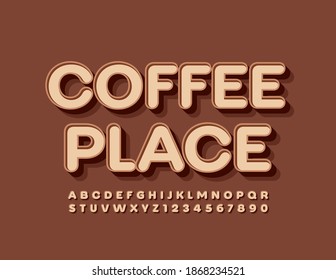 Vector tasty banner Coffee Place. Retro style Font.. 3D Trendy Alphabet Letters and Numbers set