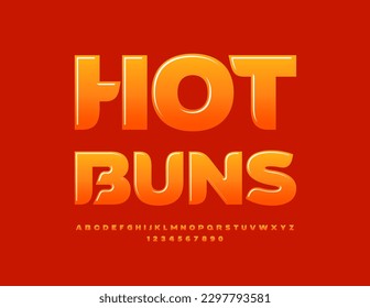 Vector tasty banner Hot Buns. Glossy creative Font. Bright gradient Alphabet Letters and Numbers set