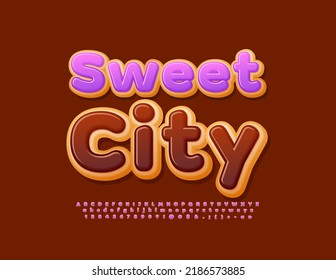Vector tasty banner Sweet City. Glazed sugar Font. Delicious Alphabet Letters, Numbers and Symbols set