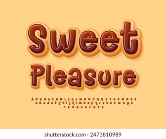 Vector tasty banner Sweet Pleasure for Cafe and Shop. Sweet Donut Font. Choco Cake Alphabet Letters and Numbers set.