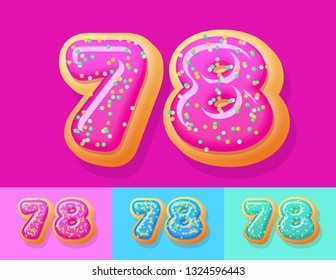 Vector tasty Donut Alphabet set. Font with different Colors option. Sweet Numbers 7 8