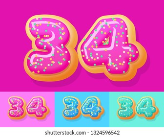 Vektor leckeres Donut Alphabet Set. Schriftart mit verschiedenen Farben. Süßigkeiten 3 4
