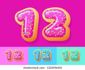 Vector tasty Donut Alphabet set. Font with different Colors option. Sweet Numbers 1 2