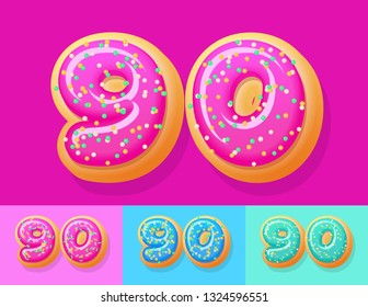 Vector tasty Donut Alphabet set. Font with different Colors option. Sweet Numbers 9 0