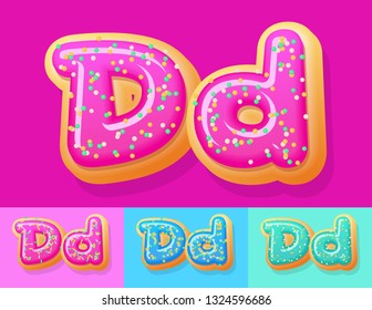 Vector tasty Donut Alphabet set. Font with different Colors option. Sweet Letter D