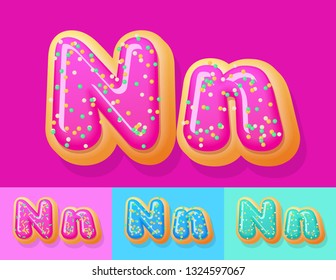 Vector tasty Donut Alphabet set. Font with different Colors option. Sweet Letter N