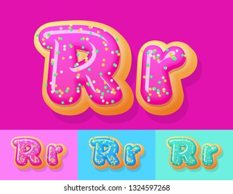 El conjunto de alfabetos Donut, delicioso vectorial. Fuente con la opción Colores diferentes. Letra dulce R