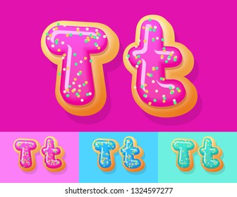 Vector tasty Donut Alphabet set. Font with different Colors option. Sweet Letter T