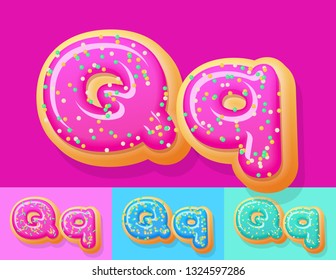 Vector tasty Donut Alphabet set. Font with different Colors option. Sweet Letter Q