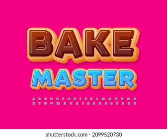 Vector tasty Emblem Bake Master. Blue Glazed delicious Font. Creative Alphabet Letters and Numbers set