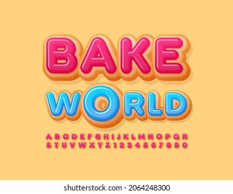 Vector tasty Emblem Bake World with bright Alphabet Letters. Original Red Font for Marketing and Promotion.