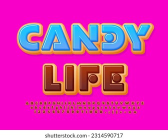Vector tasty Emblem Candy Life. Sweet Donut Font. Creative modern Alphabet Letters, Numbers and Symbols