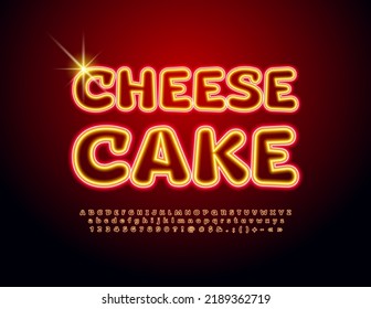 Vector tasty emblem Cheese Cake with glowing Font. Neon light Alphabet Letters and Numbers set