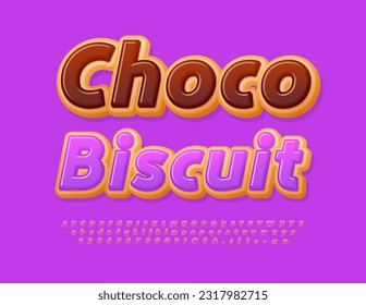 Vektor leckeres Emblem Choco Biscuit mit glasierten Alphabet Buchstaben, Zahlen und Symbole gesetzt. Sweet Donut Font