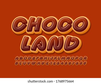 Vector tasty emblem Choco Land with sweet Donut Font. Delicious cake Alphabet Letters and Numbers