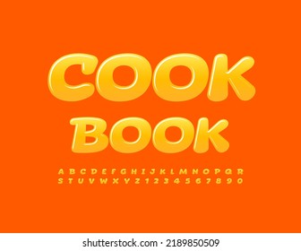 Vector tasty emblem Cook Book with sweet candy Font. Bright set of Alphabet Letters and Numbers