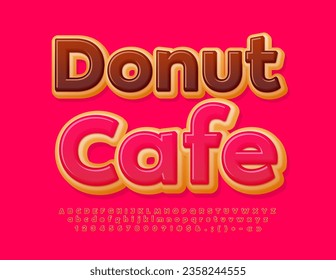 Vector tasty emblem Donut Cafe. Sweet Cake Font. Creative Alphabet Letters and Numbers