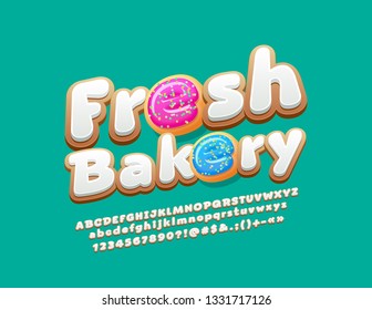 Vector tasty Emblem Fresh Bakery. Set of bright Alphabet Letters, Numbers and Symbols. Colorful funny Font.
