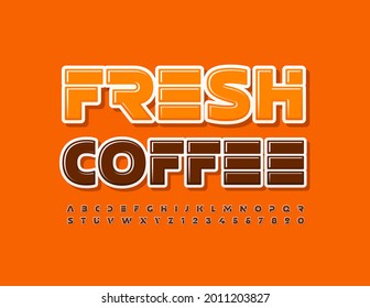 Vector tasty emblem Fresh Coffee. Brown futuristic Alphabet Letters and Numbers. Modern creative Font