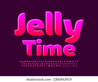 Vector tasty Emblem Jelly Time. Pink Glossy Font. Modern stylish Alphabet Letters and Numbers set