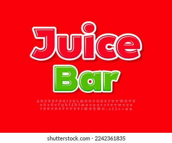 Vector tasty emblem Juice Bar.  Red Glossy Font. Modern Alphabet Letters and Numbers set.
