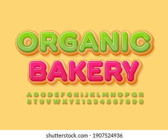 Vector tasty emblem Organic Bakery. Delicious sweet Font. Donut Alphabet Letters and Numbers set