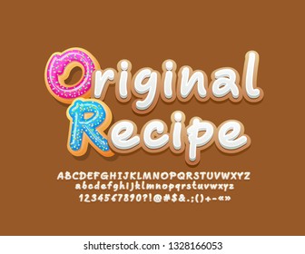 Vector tasty emblem Original Recipe with Gingerbread Font. Sweet Cookie Alphabet Letters, Numbers and Symbols