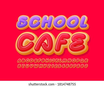 Vector tasty emblem School Cafe. Creative cake Font. Glazed Donut Alphabet Letters and Numbers set