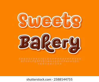 Vector tasty emblem Sweet Bakery. Playful Handwritten Font. Glossy Alphabet Letters and Numbers set. 