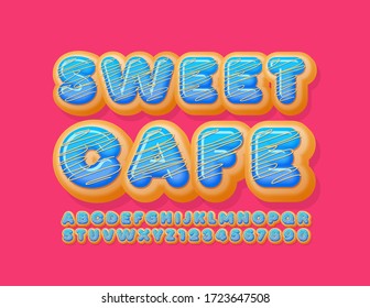 Vector tasty emblem Sweet Cafe. Blue Glazed Font. Donut Alphabet Letters and Numbers