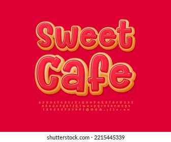 Vektor leckeres Emblem Sweet Cafe. Alphabet-Buchstaben und Zahlen mit rotem Glaise gesetzt. Köstliche Donut-Schriftart
