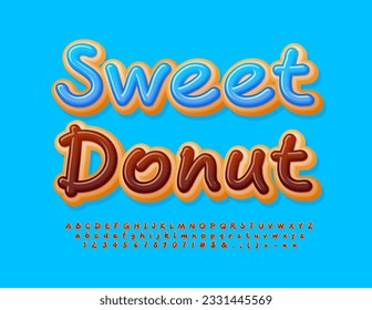 Vector tasty Emblem Sweet Donut. Funny Choco Font. Playful Alphabet Letters and Numbers set. 