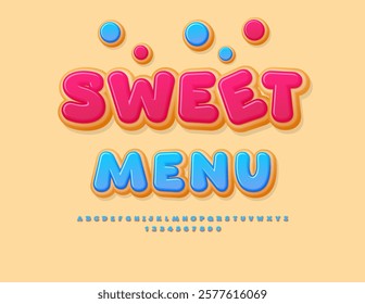 Vector Tasty emblem Sweet Menu with Delicious Donut Font. Cartoon style Alphabet Letters and Numbers set.