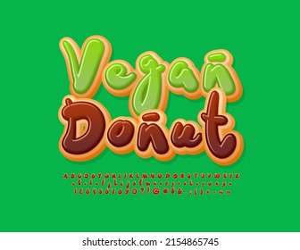 Vector tasty emblem Vegan Donut. Delicious handwritten Font. Chocolate cake Alphabet Letters, Numbers and Symbols set