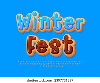 Vector tasty Emblem Winter Fest. Sweet creative Font. Funny Cake style Alphabet Letters and Numbers.