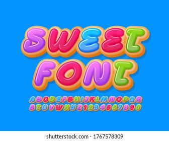 Vector Tasty Font. Sweet glazed Donut Alphabet Letters and Numbers