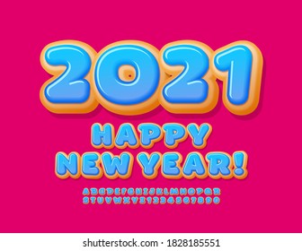 Vector tasty greeting card Happy New Year 2021! Blue glazed Font. Decorative Donut Alphabet Letters and Numbers set